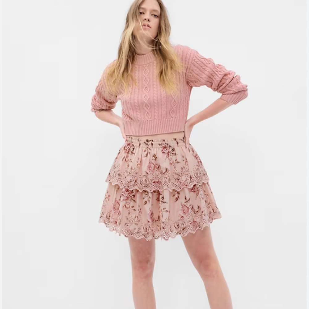 Love Shack Fancy & GAP Pink Tiered Skater Mini Skirt